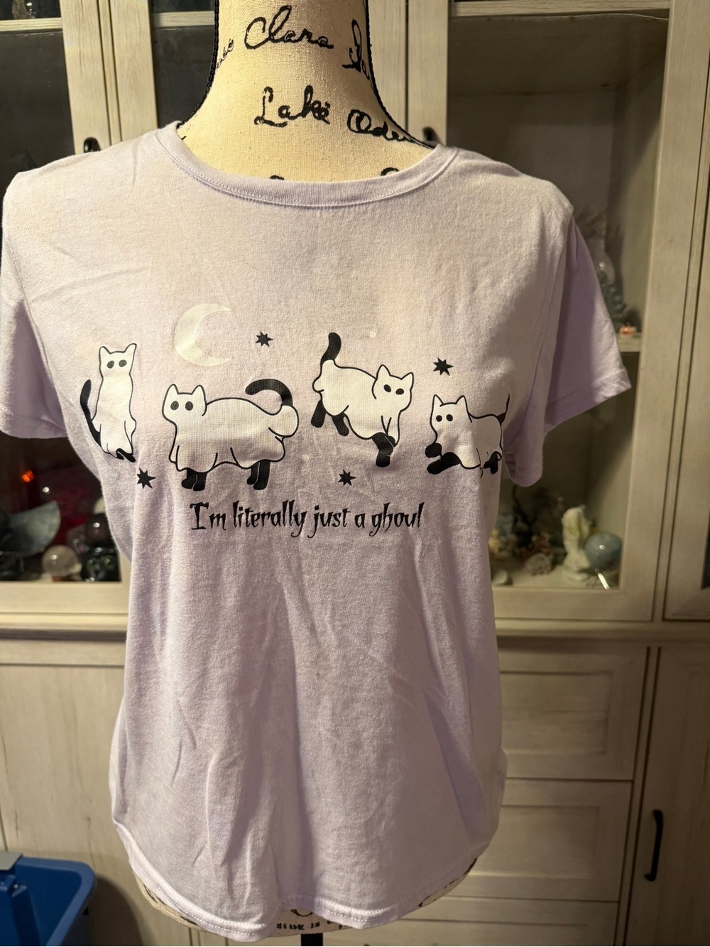 Wound Up Lavender Cat Graphic Tee with Black & White Print